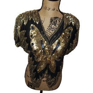 Valachi Vtg 1980s Gold & Black Sequins Butterfly Top Pure Silk Made India Disco